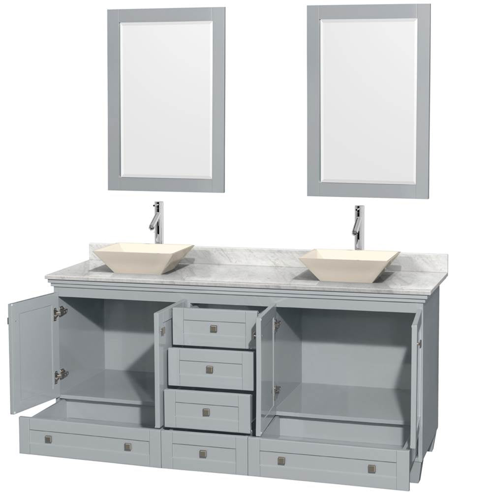Acclaim 72 Inch Double Bathroom Vanity in Espresso, White Carrara Marble Countertop, Pyra Bone Sinks, and 24 Inch Mirrors
