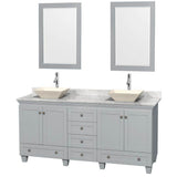 Wyndham Collection - Acclaim 72 Inch Double Bathroom Vanity in Oyster Gray, White Carrara Marble Countertop, Pyra Bone Porcelain Sinks, and 24 Inch Mirrors - Oyster Gray