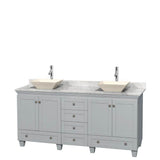 Wyndham Collection - Acclaim 72 Inch Double Bathroom Vanity in Oyster Gray, White Carrara Marble Countertop, Pyra Bone Porcelain Sinks, and No Mirrors - Oyster Gray