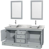 Acclaim 72 Inch Double Bathroom Vanity in Espresso, White Carrara Marble Countertop, Pyra White Sinks, and 24 Inch Mirrors