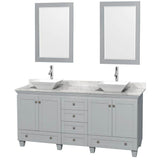 Wyndham Collection - Acclaim 72 Inch Double Bathroom Vanity in Oyster Gray, White Carrara Marble Countertop, Pyra White Porcelain Sinks, and 24 Inch Mirrors - Oyster Gray