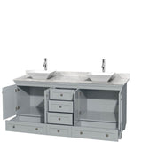 Acclaim 72 Inch Double Bathroom Vanity in Espresso, White Carrara Marble Countertop, Pyra White Sinks, and No Mirrors