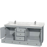 Acclaim 72 Inch Double Bathroom Vanity in Espresso, White Carrara Marble Countertop, Undermount Square Sinks, and No Mirrors