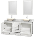 Acclaim 72 Inch Double Bathroom Vanity in Espresso, White Carrara Marble Countertop, Pyra Bone Sinks, and 24 Inch Mirrors