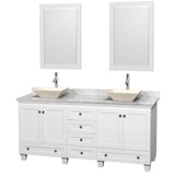 Wyndham Collection - Acclaim 72 Inch Double Bathroom Vanity in White, White Carrara Marble Countertop, Pyra Bone Sinks, and 24 Inch Mirrors - White
