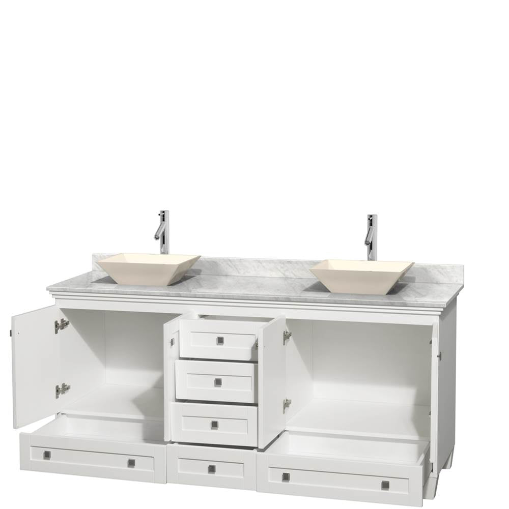 Acclaim 72 Inch Double Bathroom Vanity in Espresso, White Carrara Marble Countertop, Pyra Bone Sinks, and No Mirrors