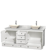 Acclaim 72 Inch Double Bathroom Vanity in Espresso, White Carrara Marble Countertop, Pyra Bone Sinks, and No Mirrors