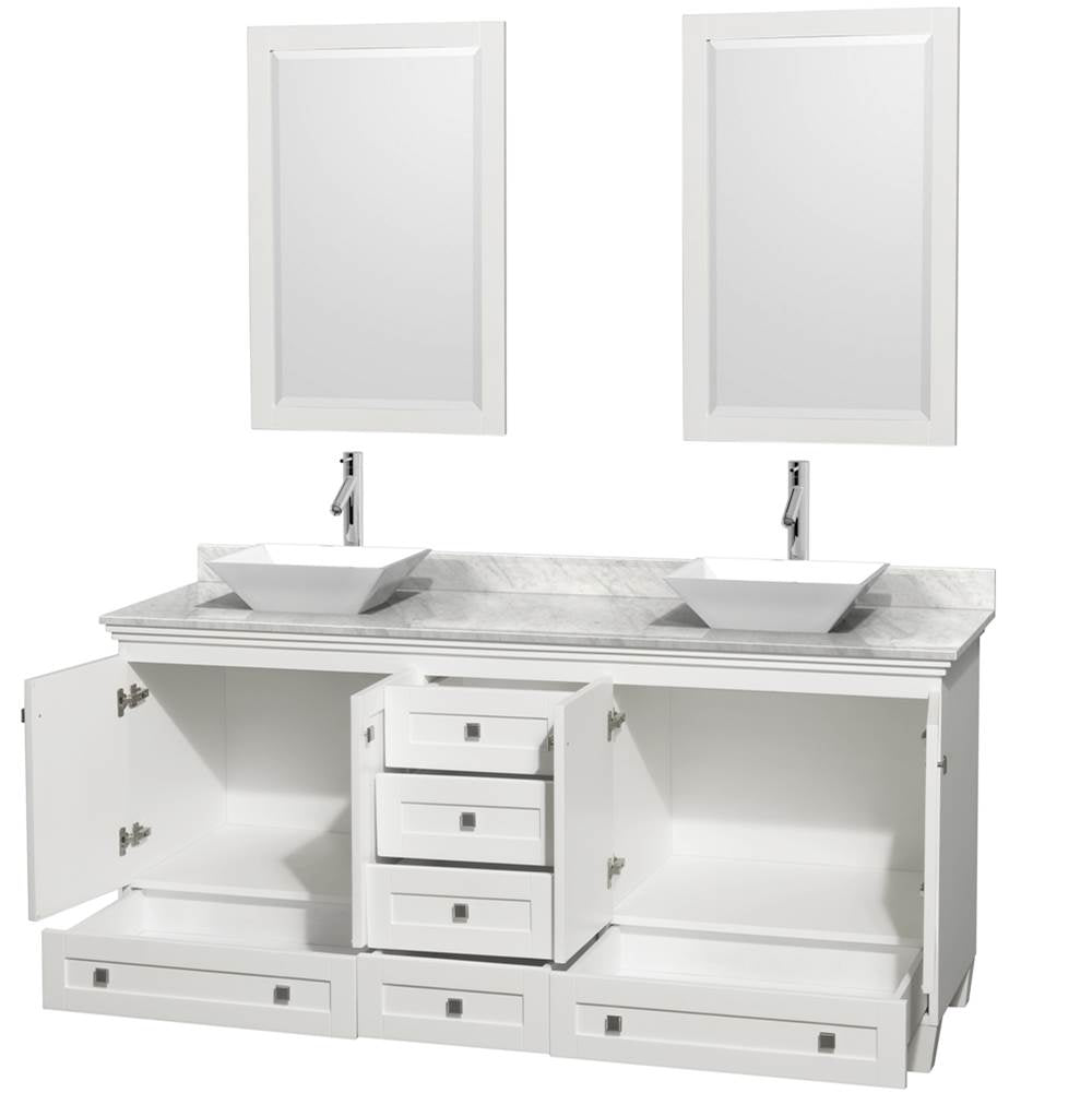 Acclaim 72 Inch Double Bathroom Vanity in Espresso, White Carrara Marble Countertop, Pyra White Sinks, and 24 Inch Mirrors