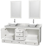 Acclaim 72 Inch Double Bathroom Vanity in Espresso, White Carrara Marble Countertop, Pyra White Sinks, and 24 Inch Mirrors