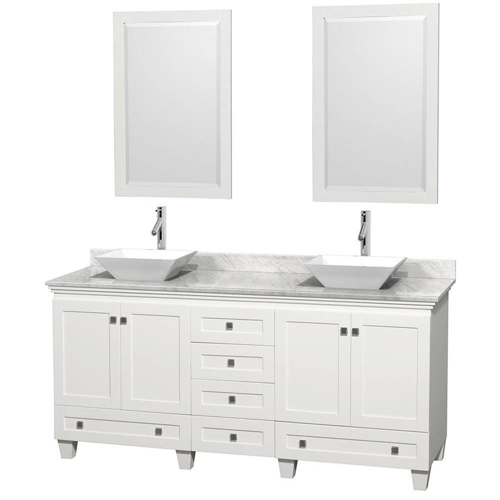 Wyndham Collection - Acclaim 72 Inch Double Bathroom Vanity in White, White Carrara Marble Countertop, Pyra White Sinks, and 24 Inch Mirrors - White