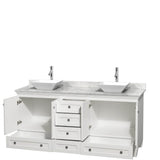 Acclaim 72 Inch Double Bathroom Vanity in Espresso, White Carrara Marble Countertop, Pyra White Sinks, and No Mirrors