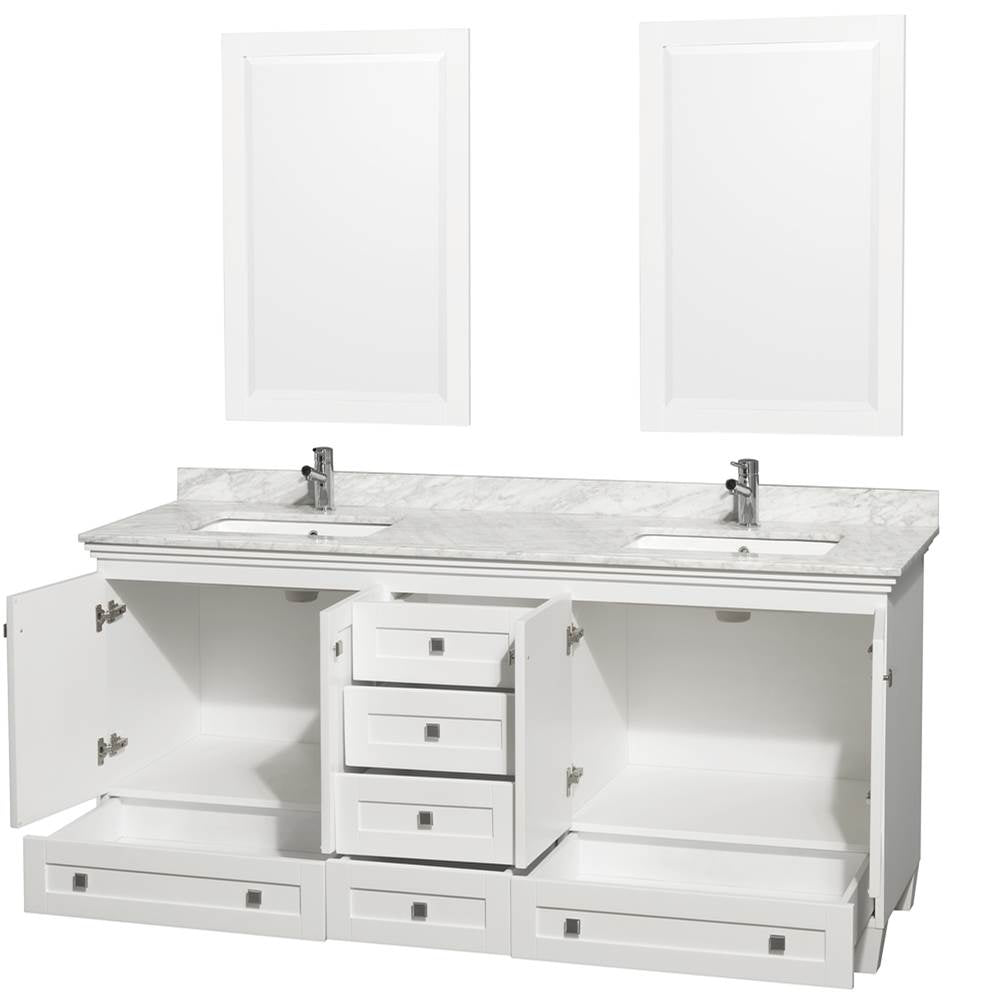 Acclaim 72 Inch Double Bathroom Vanity in Espresso, White Carrara Marble Countertop, Undermount Square Sinks, and 24 Inch Mirrors