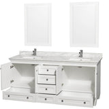 Acclaim 72 Inch Double Bathroom Vanity in Espresso, White Carrara Marble Countertop, Undermount Square Sinks, and 24 Inch Mirrors