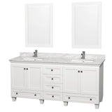 Wyndham Collection - Acclaim 72 Inch Double Bathroom Vanity in White, White Carrara Marble Countertop, Undermount Square Sinks, and 24 Inch Mirrors - White