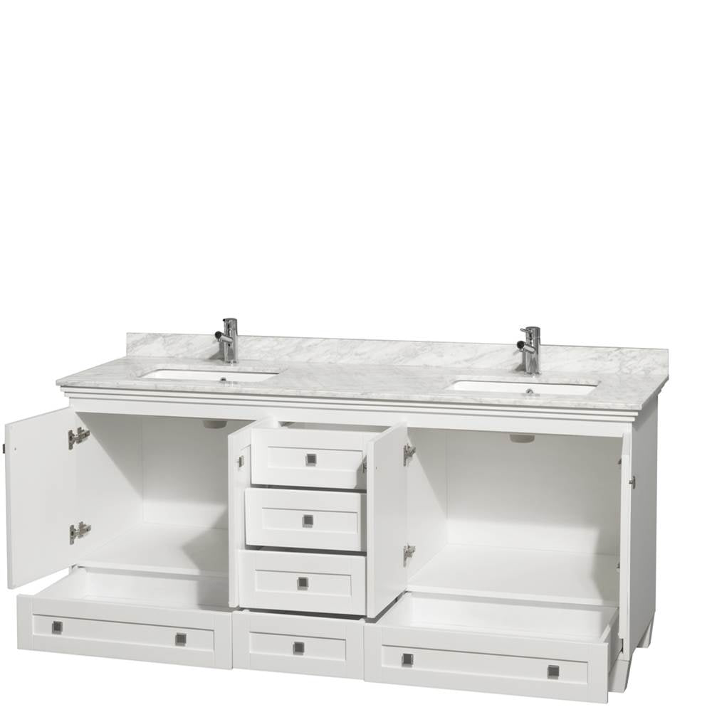Acclaim 72 Inch Double Bathroom Vanity in Espresso, White Carrara Marble Countertop, Undermount Square Sinks, and No Mirrors