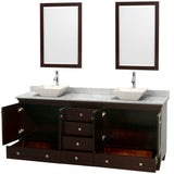 Acclaim 80 Inch Double Bathroom Vanity in Espresso, White Carrara Marble Countertop, Pyra Bone Porcelain Sinks, and 24 Inch Mirrors