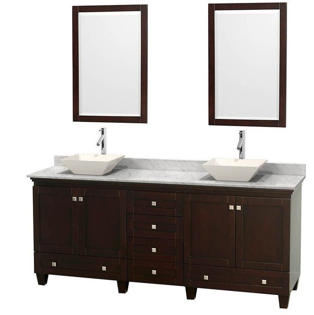 Wyndham Collection - Acclaim 80 Inch Double Bathroom Vanity in Espresso, White Carrara Marble Countertop, Pyra Bone Porcelain Sinks, and 24 Inch Mirrors - Espresso