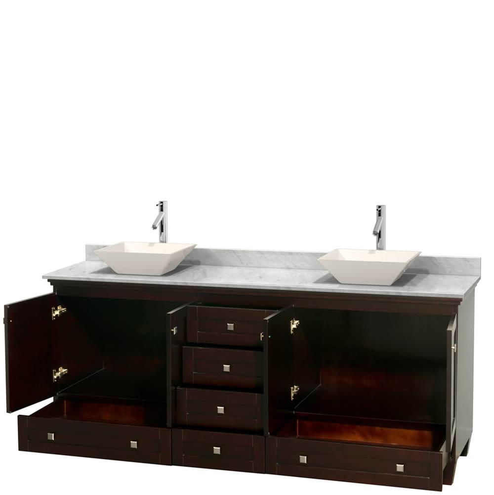 Acclaim 80 Inch Double Bathroom Vanity in Espresso, White Carrara Marble Countertop, Pyra Bone Porcelain Sinks, and No Mirrors