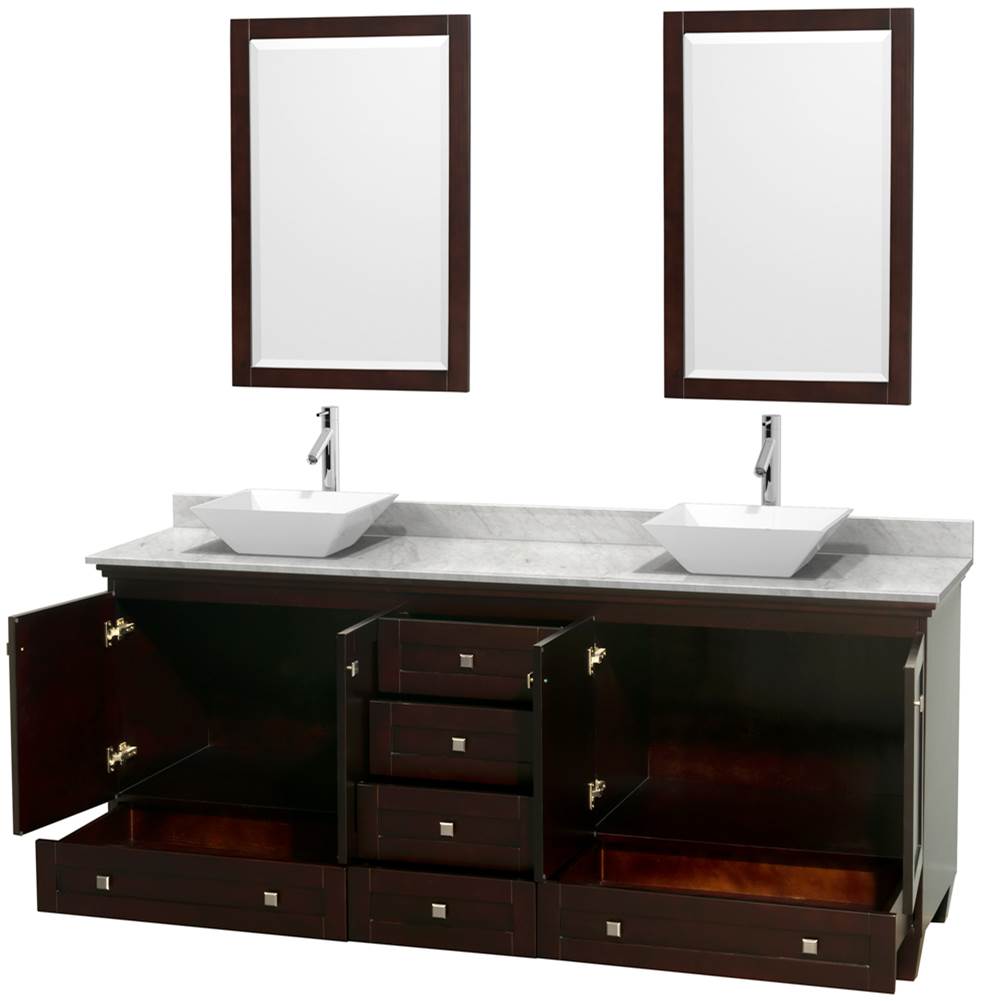 Acclaim 80 Inch Double Bathroom Vanity in Espresso, White Carrara Marble Countertop, Pyra White Porcelain Sinks, and 24 Inch Mirrors