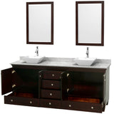 Acclaim 80 Inch Double Bathroom Vanity in Espresso, White Carrara Marble Countertop, Pyra White Porcelain Sinks, and 24 Inch Mirrors
