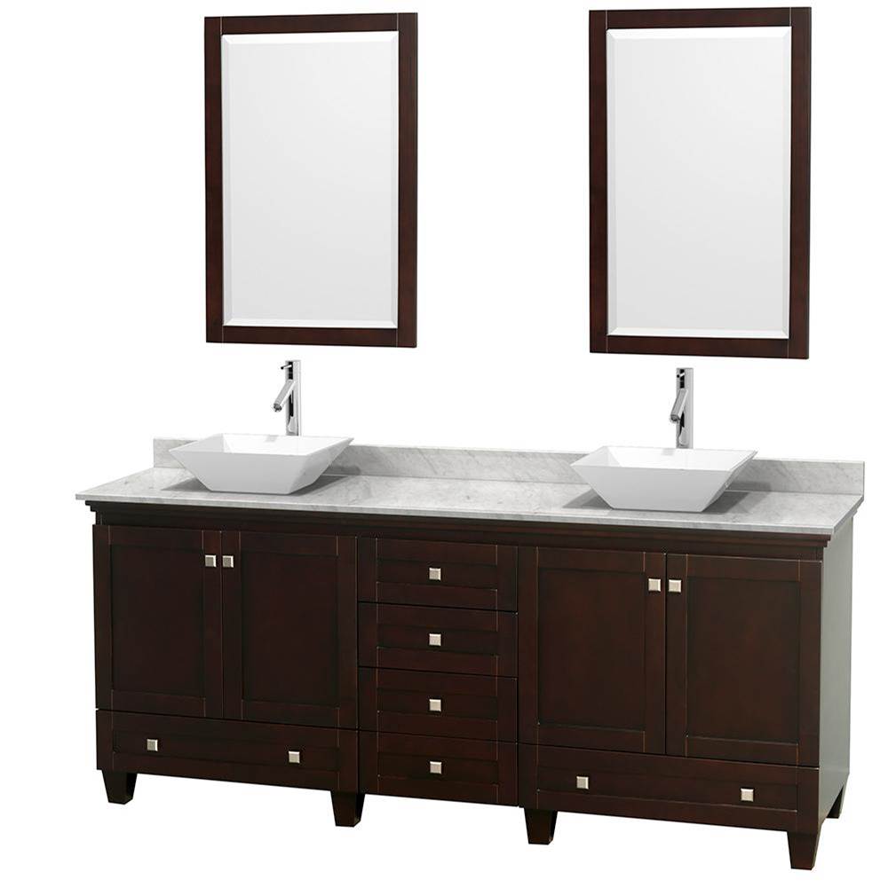 Wyndham Collection - Acclaim 80 Inch Double Bathroom Vanity in Espresso, White Carrara Marble Countertop, Pyra White Porcelain Sinks, and 24 Inch Mirrors - Espresso