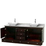 Acclaim 80 Inch Double Bathroom Vanity in Espresso, White Carrara Marble Countertop, Pyra White Porcelain Sinks, and No Mirrors