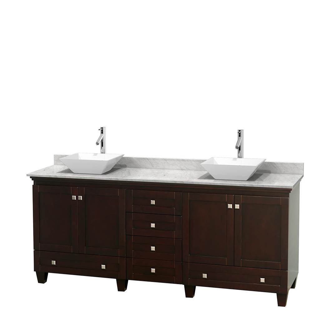 Wyndham Collection - Acclaim 80 Inch Double Bathroom Vanity in Espresso, White Carrara Marble Countertop, Pyra White Porcelain Sinks, and No Mirrors - Espresso
