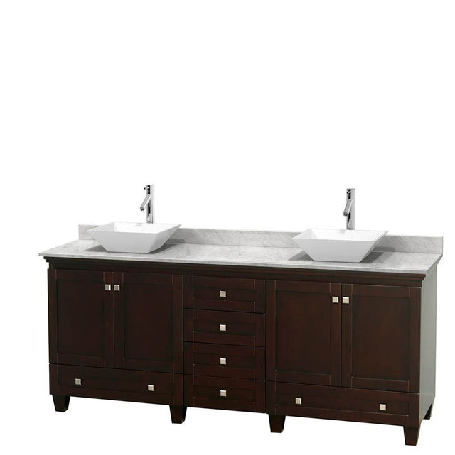 Wyndham Collection - Acclaim 80 Inch Double Bathroom Vanity in Espresso, White Carrara Marble Countertop, Pyra White Porcelain Sinks, and No Mirrors - Espresso