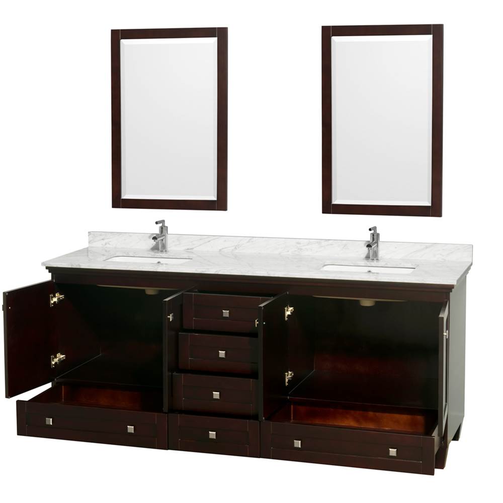 Acclaim 80 Inch Double Bathroom Vanity in Espresso, White Carrara Marble Countertop, Undermount Square Sinks, and 24 Inch Mirrors