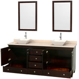 Acclaim 80 Inch Double Bathroom Vanity in Espresso, Ivory Marble Countertop, Pyra Bone Porcelain Sinks, and 24 Inch Mirrors