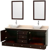 Acclaim 80 Inch Double Bathroom Vanity in Espresso, Ivory Marble Countertop, Pyra White Porcelain Sinks, and 24 Inch Mirrors
