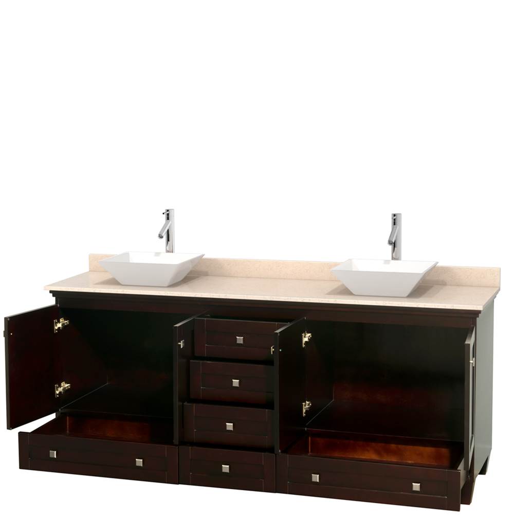 Acclaim 80 Inch Double Bathroom Vanity in Espresso, Ivory Marble Countertop, Pyra White Porcelain Sinks, and No Mirrors
