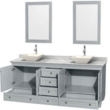 Acclaim 80 Inch Double Bathroom Vanity in Espresso, White Carrara Marble Countertop, Pyra Bone Porcelain Sinks, and 24 Inch Mirrors