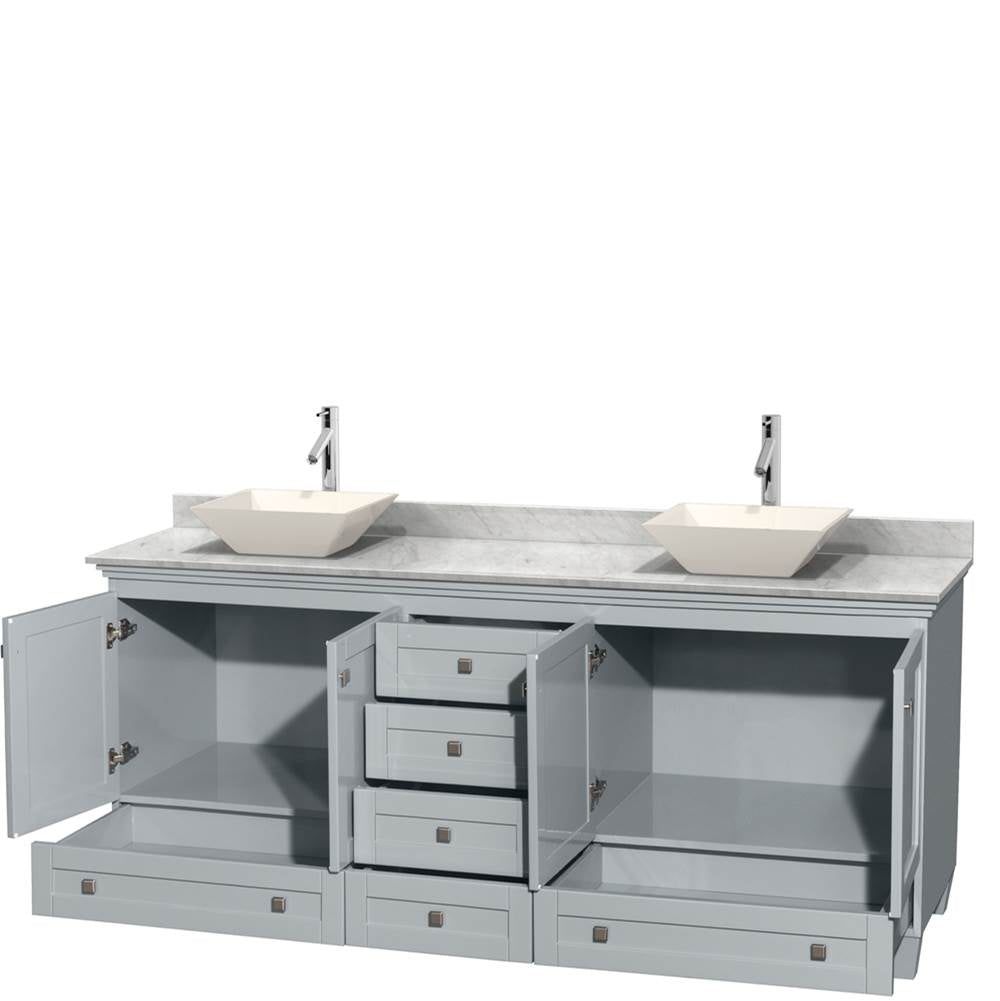 Acclaim 80 Inch Double Bathroom Vanity in Espresso, White Carrara Marble Countertop, Pyra Bone Porcelain Sinks, and No Mirrors