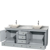 Acclaim 80 Inch Double Bathroom Vanity in Espresso, White Carrara Marble Countertop, Pyra Bone Porcelain Sinks, and No Mirrors
