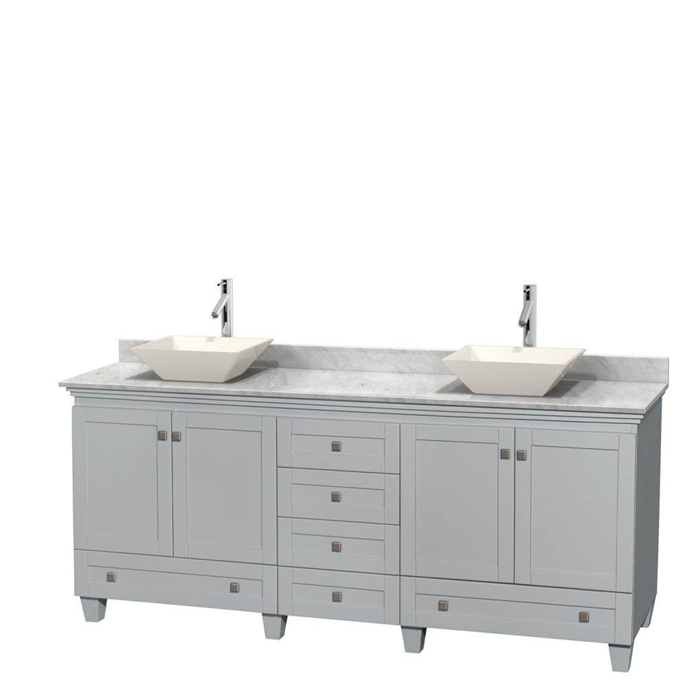 Wyndham Collection - Acclaim 80 Inch Double Bathroom Vanity in Oyster Gray, White Carrara Marble Countertop, Pyra Bone Porcelain Sinks, and No Mirrors - Oyster Gray