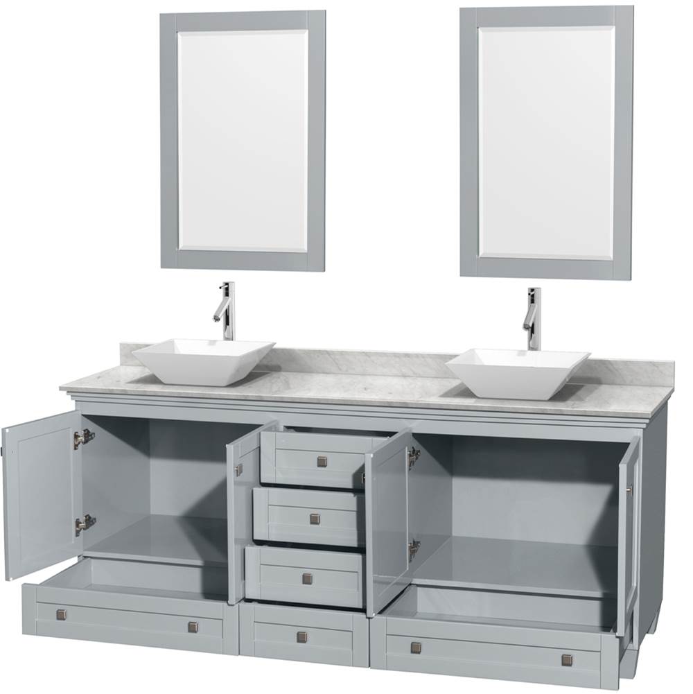 Acclaim 80 Inch Double Bathroom Vanity in Espresso, White Carrara Marble Countertop, Pyra White Porcelain Sinks, and 24 Inch Mirrors