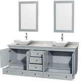 Acclaim 80 Inch Double Bathroom Vanity in Espresso, White Carrara Marble Countertop, Pyra White Porcelain Sinks, and 24 Inch Mirrors