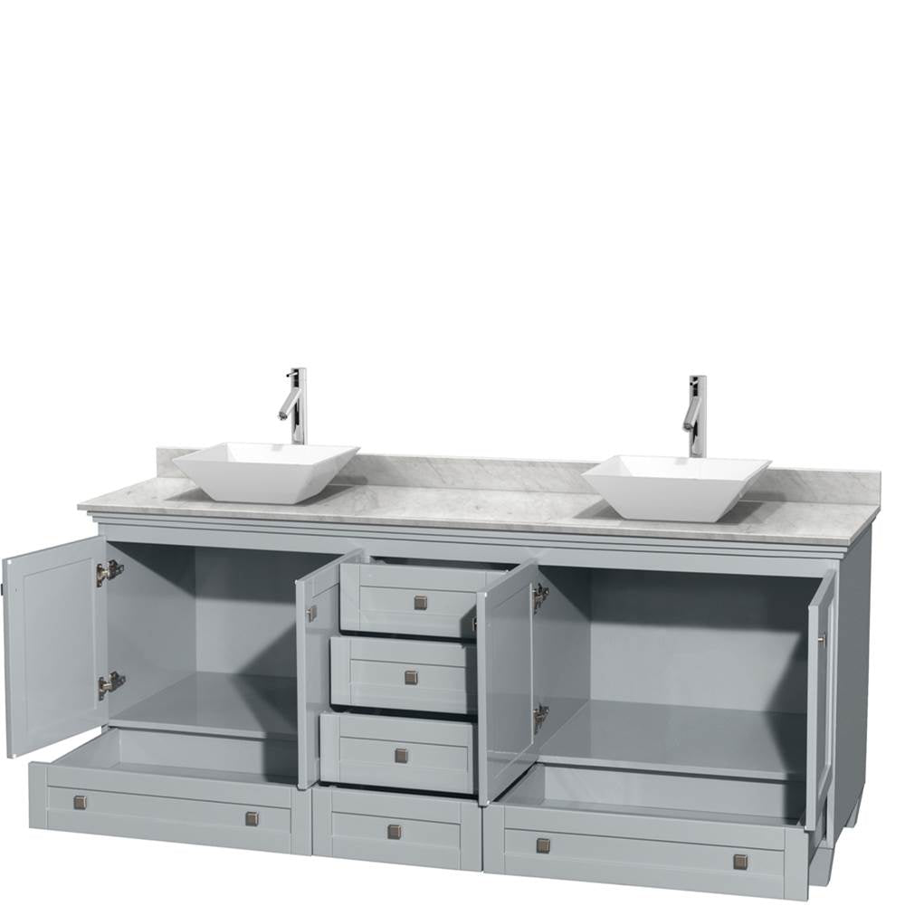 Acclaim 80 Inch Double Bathroom Vanity in Espresso, White Carrara Marble Countertop, Pyra White Porcelain Sinks, and No Mirrors