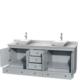 Acclaim 80 Inch Double Bathroom Vanity in Espresso, White Carrara Marble Countertop, Pyra White Porcelain Sinks, and No Mirrors