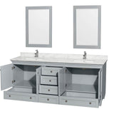 Acclaim 80 Inch Double Bathroom Vanity in Espresso, White Carrara Marble Countertop, Undermount Square Sinks, and 24 Inch Mirrors
