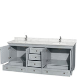 Acclaim 80 Inch Double Bathroom Vanity in Espresso, White Carrara Marble Countertop, Undermount Square Sinks, and No Mirrors