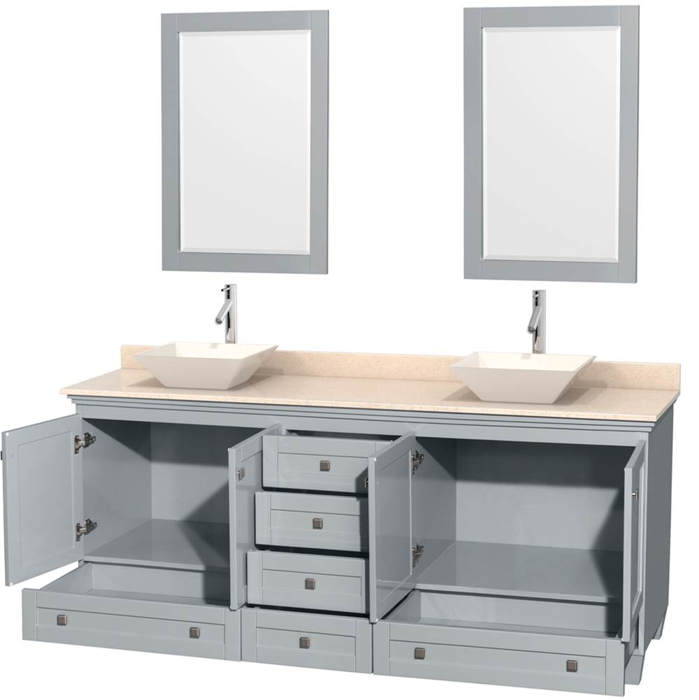 Acclaim 80 Inch Double Bathroom Vanity in Espresso, Ivory Marble Countertop, Pyra Bone Porcelain Sinks, and 24 Inch Mirrors