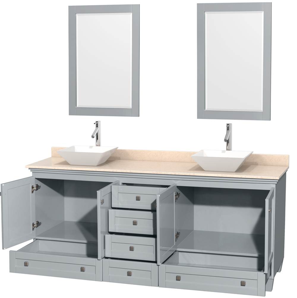 Acclaim 80 Inch Double Bathroom Vanity in Espresso, Ivory Marble Countertop, Pyra White Porcelain Sinks, and 24 Inch Mirrors