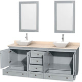 Acclaim 80 Inch Double Bathroom Vanity in Espresso, Ivory Marble Countertop, Pyra White Porcelain Sinks, and 24 Inch Mirrors