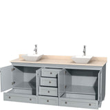 Acclaim 80 Inch Double Bathroom Vanity in Espresso, Ivory Marble Countertop, Pyra White Porcelain Sinks, and No Mirrors