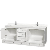 Acclaim 80 Inch Double Bathroom Vanity in White, Light-Vein Carrara Cultured Marble Countertop, Undermount Square Sinks, No Mirrors
