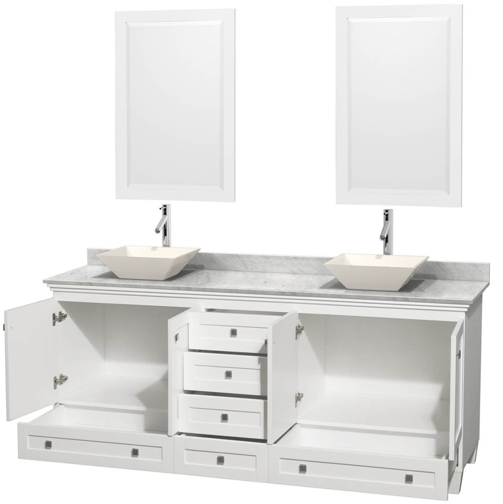 Acclaim 80 Inch Double Bathroom Vanity in Espresso, White Carrara Marble Countertop, Pyra Bone Porcelain Sinks, and 24 Inch Mirrors