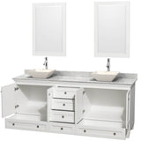 Acclaim 80 Inch Double Bathroom Vanity in Espresso, White Carrara Marble Countertop, Pyra Bone Porcelain Sinks, and 24 Inch Mirrors