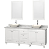 Wyndham Collection - Acclaim 80 Inch Double Bathroom Vanity in White, White Carrara Marble Countertop, Pyra Bone Porcelain Sinks, and 24 Inch Mirrors - White